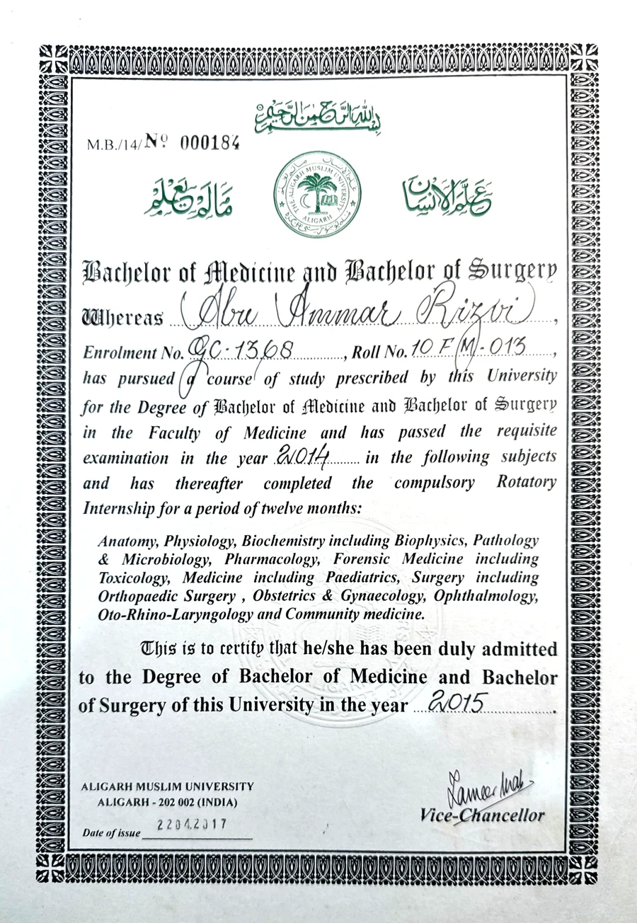 MBBS degree certificate from Aligarh Muslim University