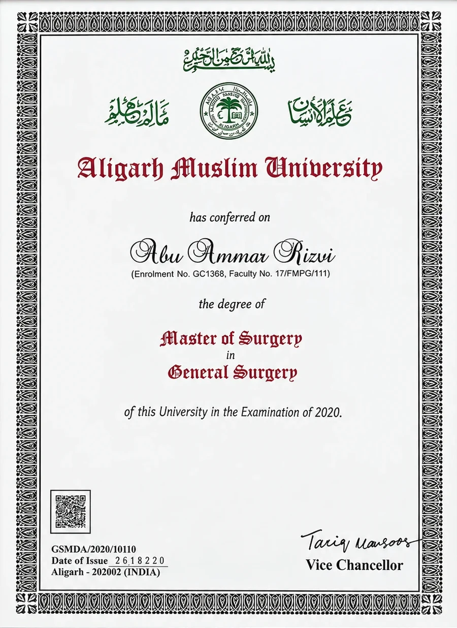 Master of Surgery degree certificate from Aligarh Muslim University